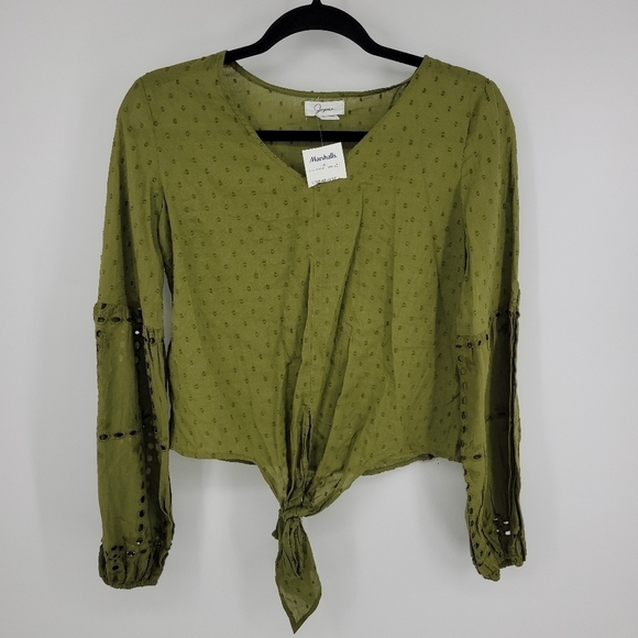 Japna Olive Green Front Tie Eyelet Balloon Sleeve Top Women’s Size Small - Picture 3 of 6
